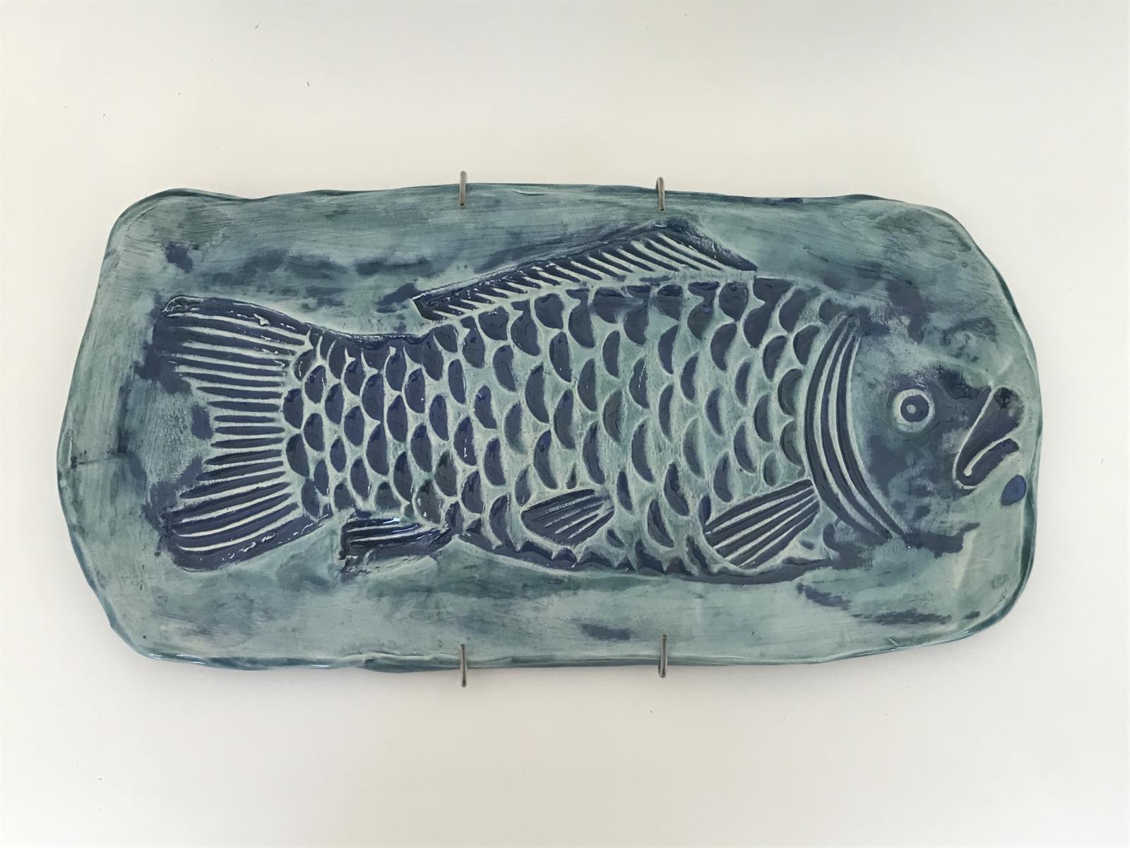 Blue and Aqua Fish Tile Imprint 6-1/2x13-1/2 inches