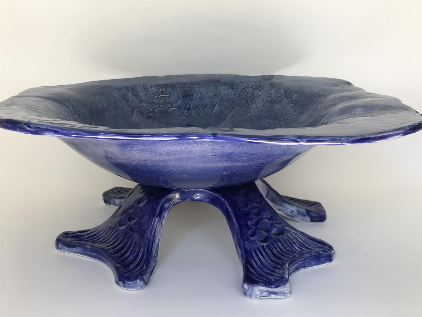 Cobalt Fish Scale Bowl with Fish Tail Pedestal 4-1/2x 13 inch 